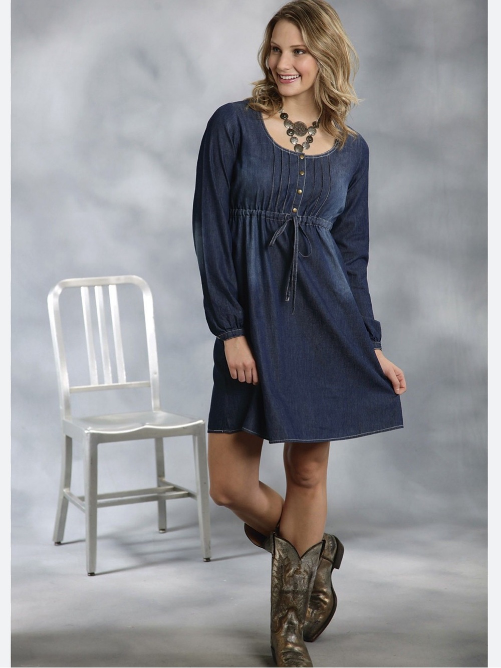 Roper Chambray Pintuck Pleated Drawstring Dress Blue Size XL